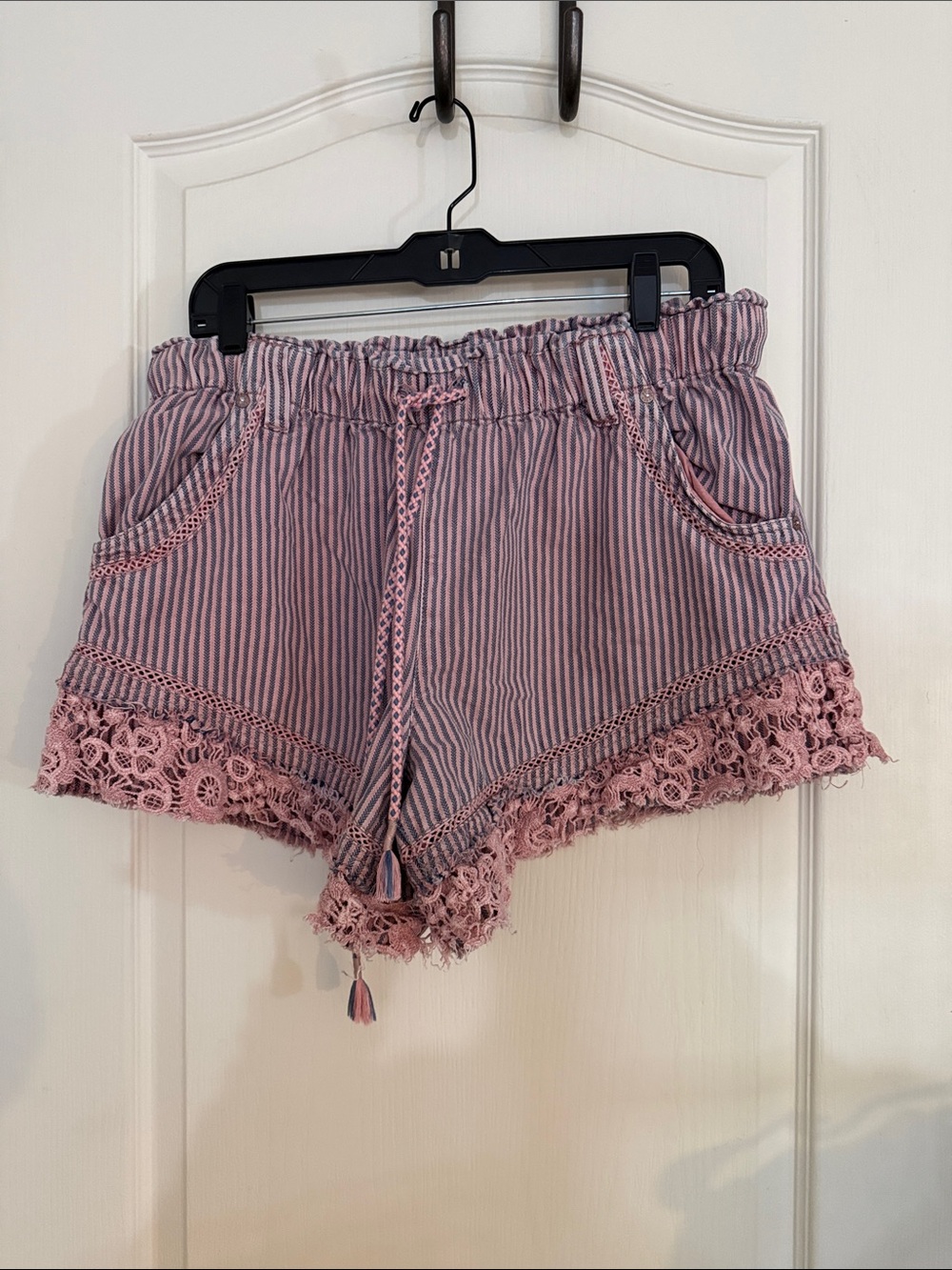 We The Free Pink and Blue Striped Crochet-Trim Jean Shorts
